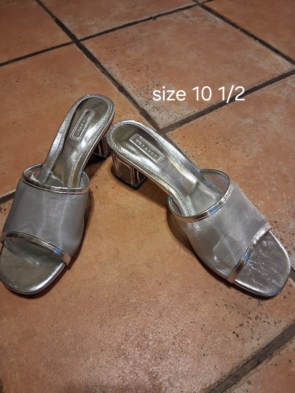 Topshop Silver Mesh Slide Mules with Faceted Block Heel